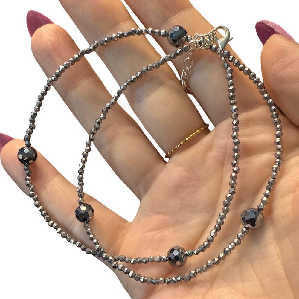 Hematite choker Necklace faceted beaded jewelry fashion accessories NEW